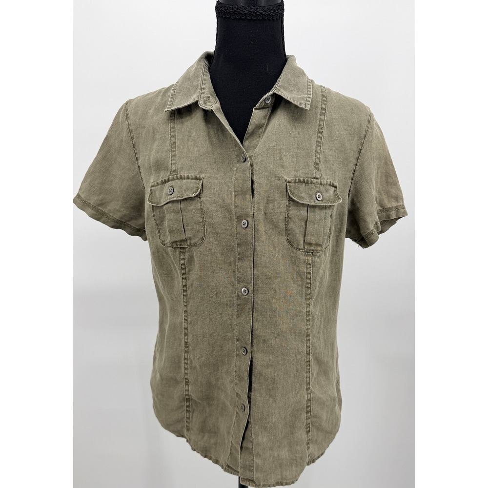 Tommy Bahama Button Up Shirt Women Small Olive Green Good Linen Safari Short Slv